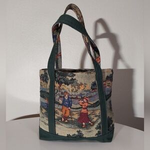 Holdings Vintage 90s Tapestry Multicolor Couple Golfing Scene Lined Tote Bag